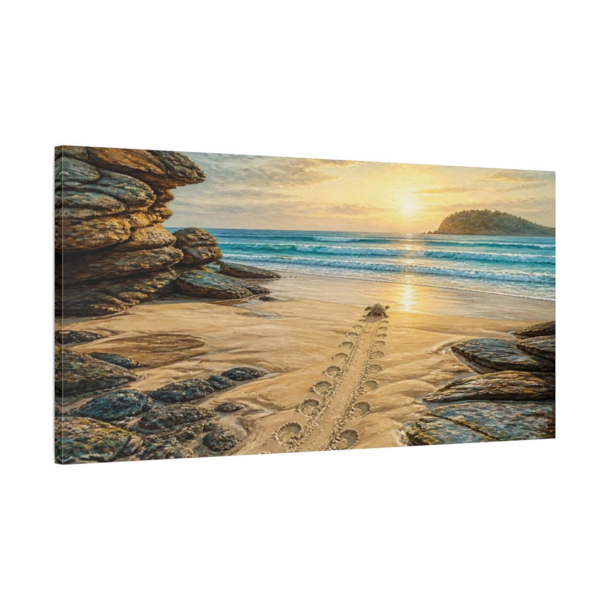 Main Mockup. Coastal Turtle Tracks shown as canvas print