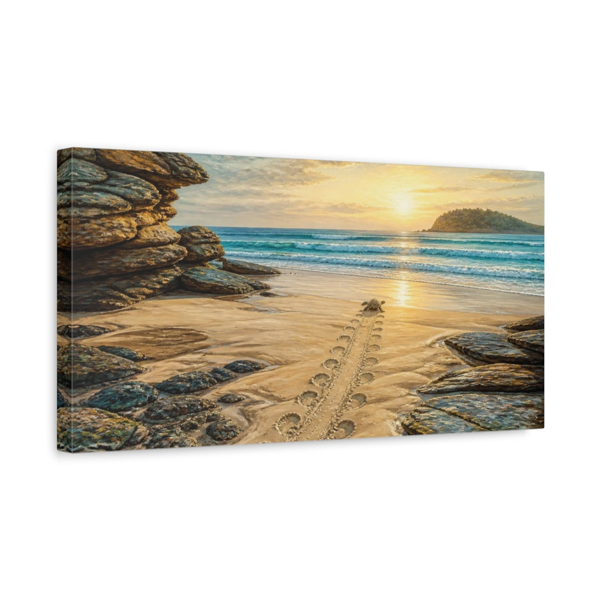 Side Mockup 3. Coastal Turtle Tracks shown as canvas print