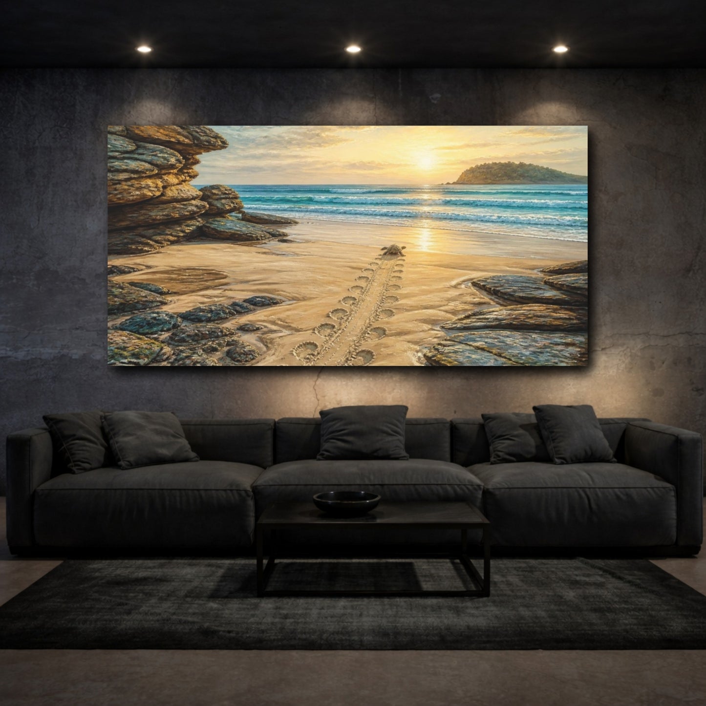 Mockup 3. Coastal Turtle Tracks shown as canvas print