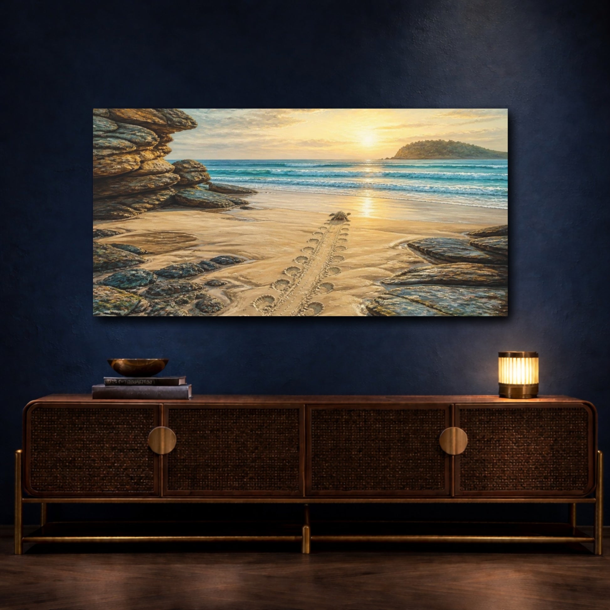 Mockup 4. Coastal Turtle Tracks shown as canvas print