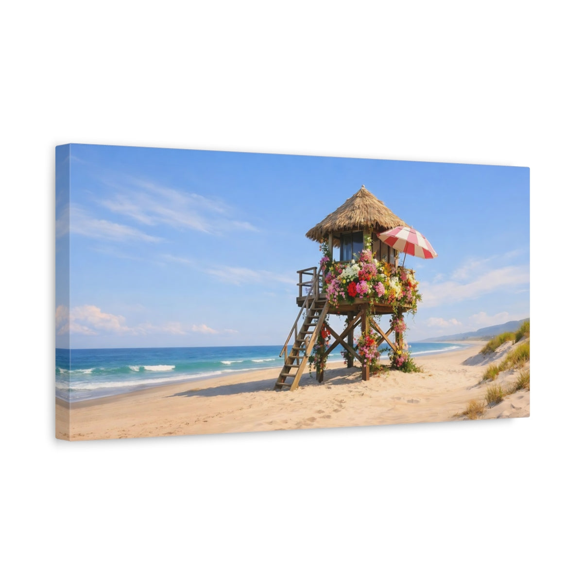 Side Mockup 3. Nature Floral Beach Hut Coastal Floral Hut shown as stretched canvas wall art