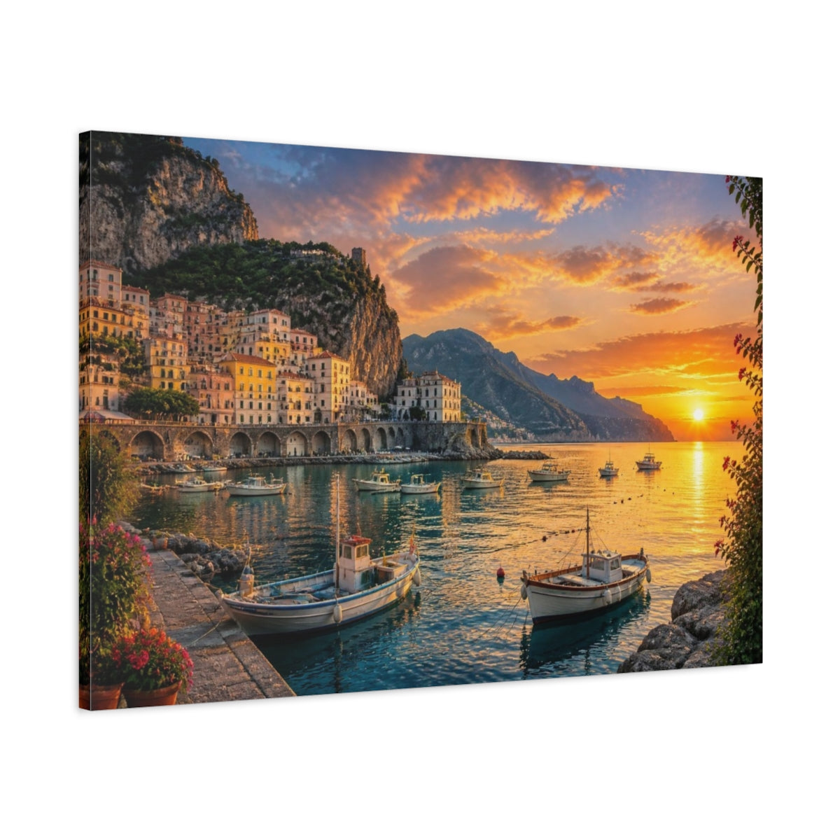 Main Mockup. Coastal Village Landscape shown as canvas print