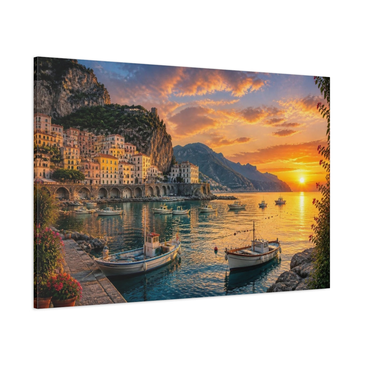 Side Mockup 1. Coastal Village Landscape shown as canvas print