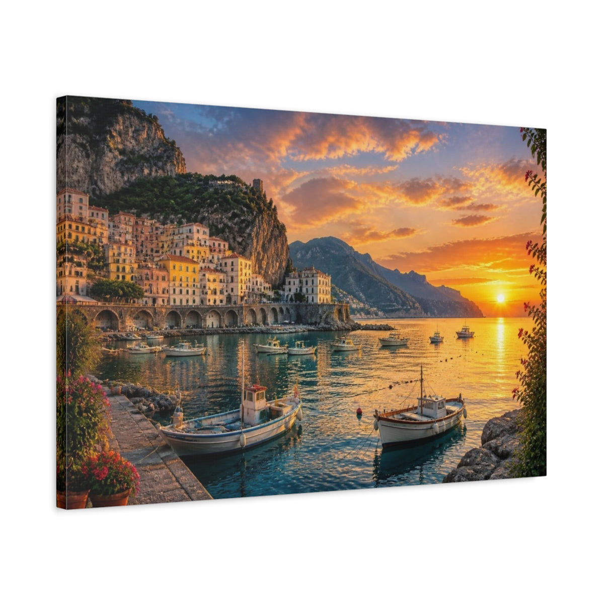 Side Mockup 2. Coastal Village Landscape shown as canvas print