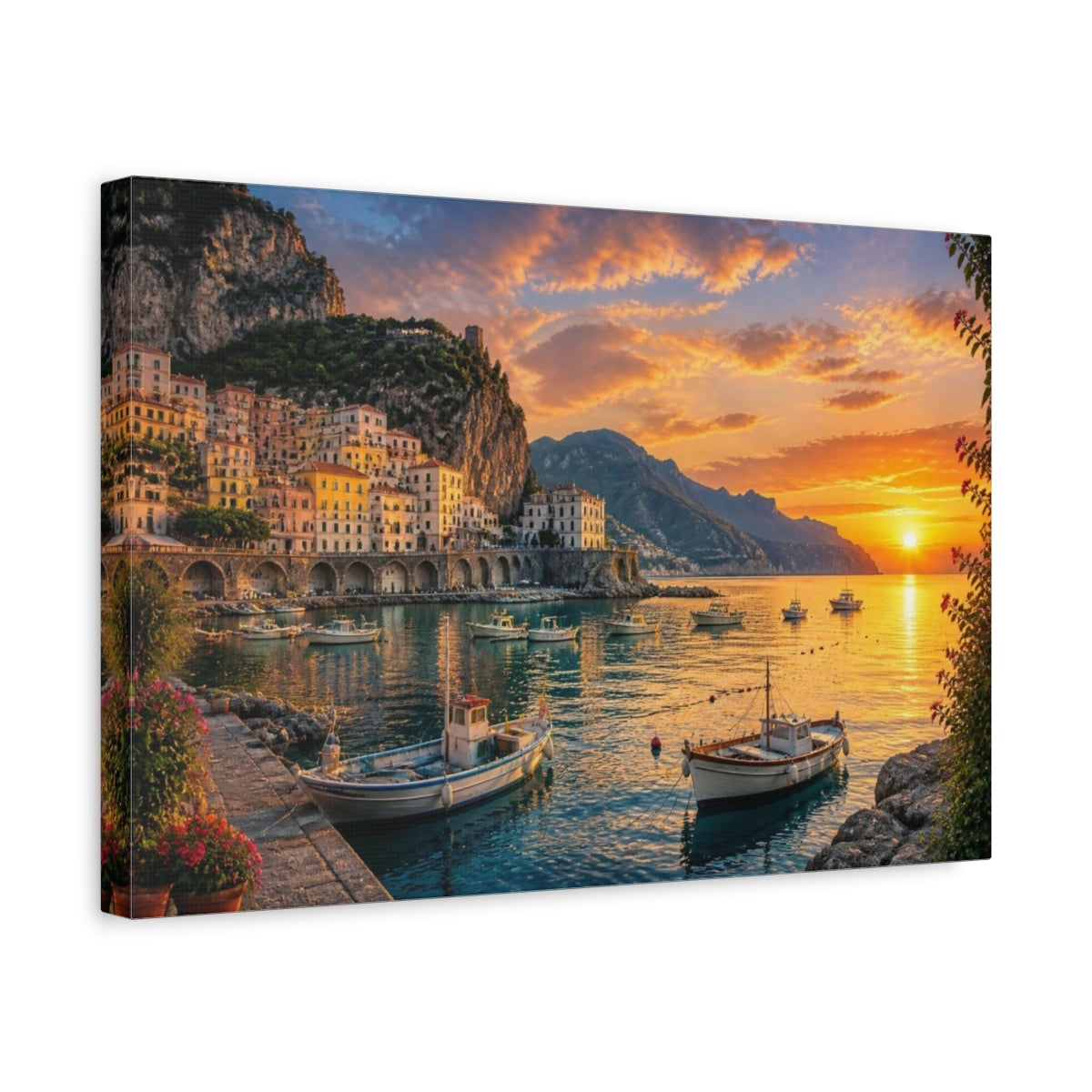 Side Mockup 4. Coastal Village Landscape shown as canvas print