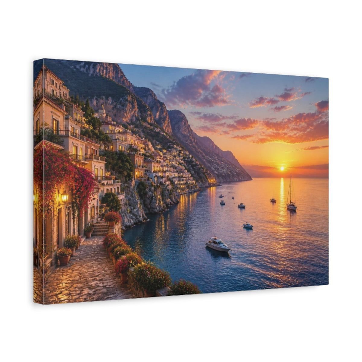 Side Mockup 4. Coastal Village Landscape shown as canvas print