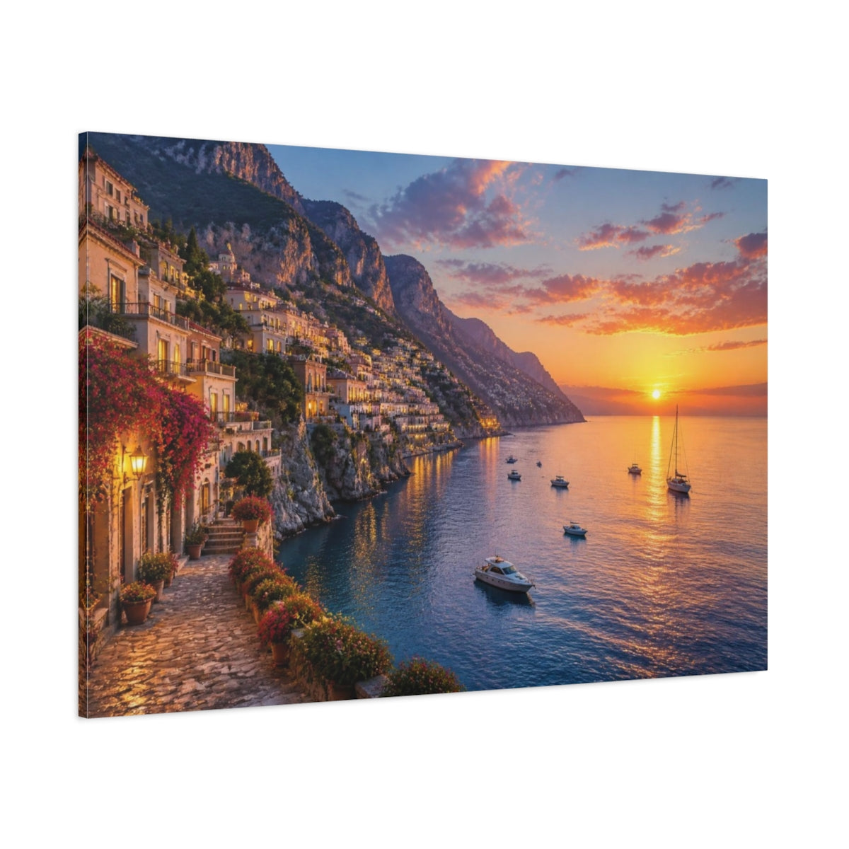 Side Mockup 1. Coastal Village Landscape shown as canvas print