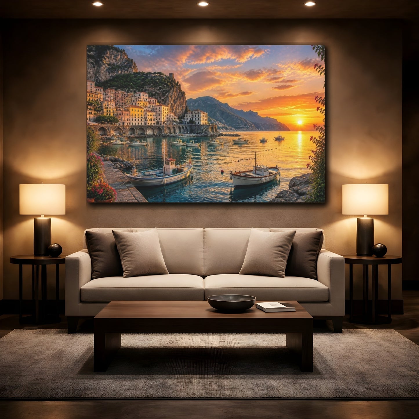 Mockup 2. Coastal Village Landscape shown as canvas print