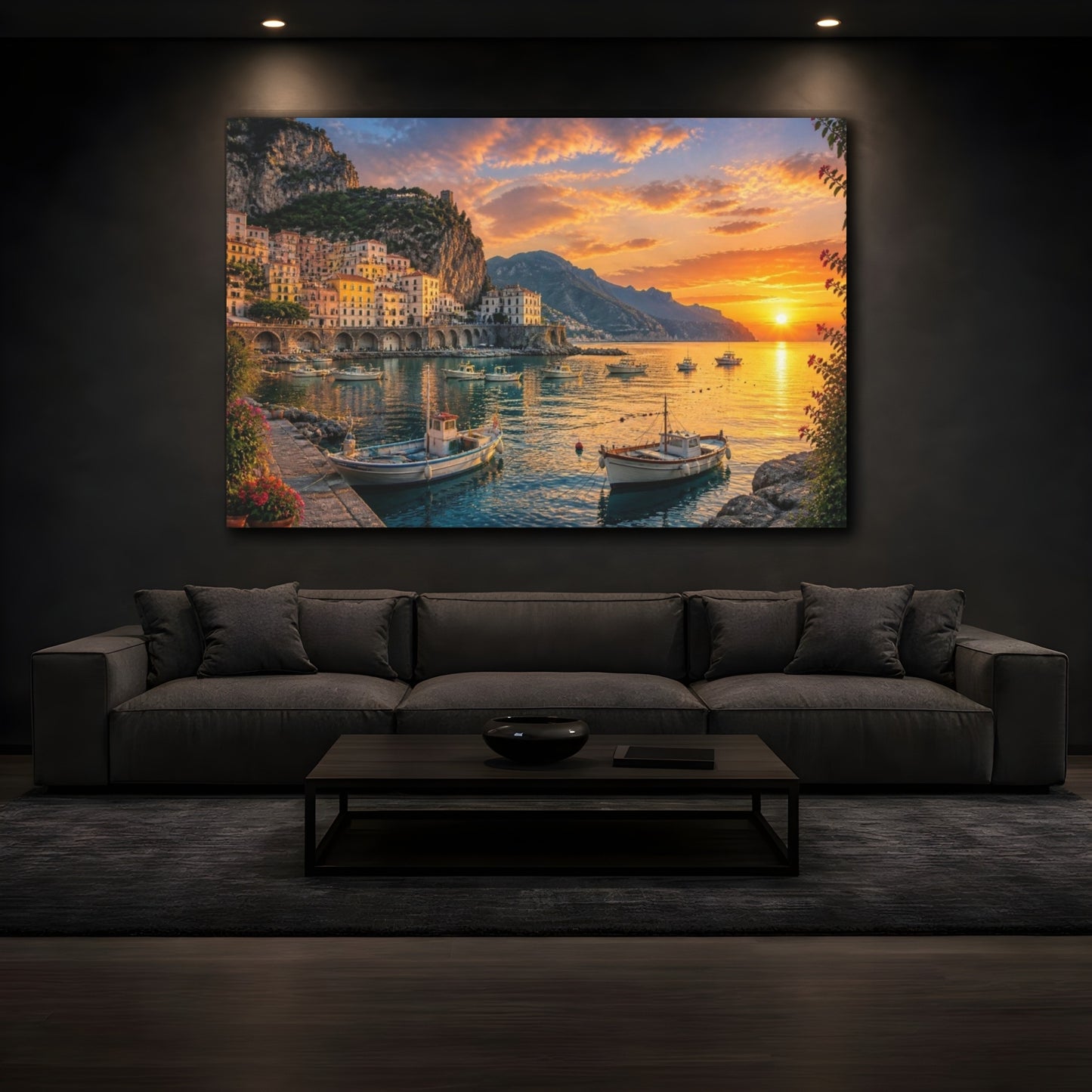 Mockup 3. Coastal Village Landscape shown as canvas print