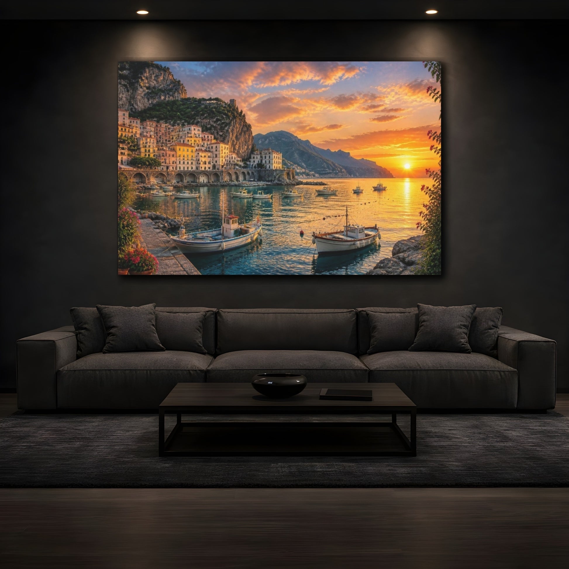 Mockup 3. Coastal Village Landscape shown as canvas print