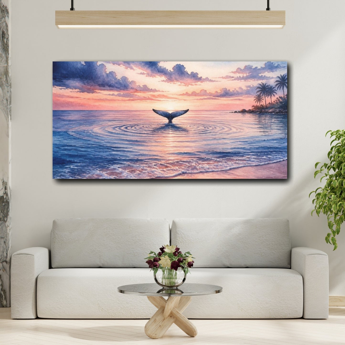 Mockup 2. Coastal Whale Tail Sunset shown as canvas print