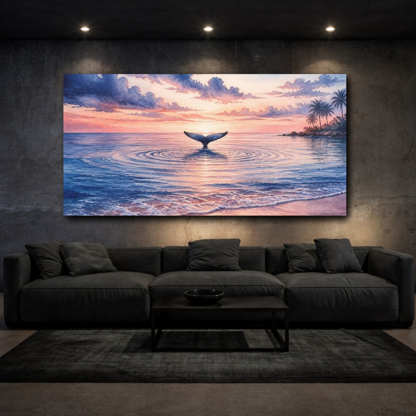 Mockup 3. Coastal Whale Tail Sunset shown as canvas print