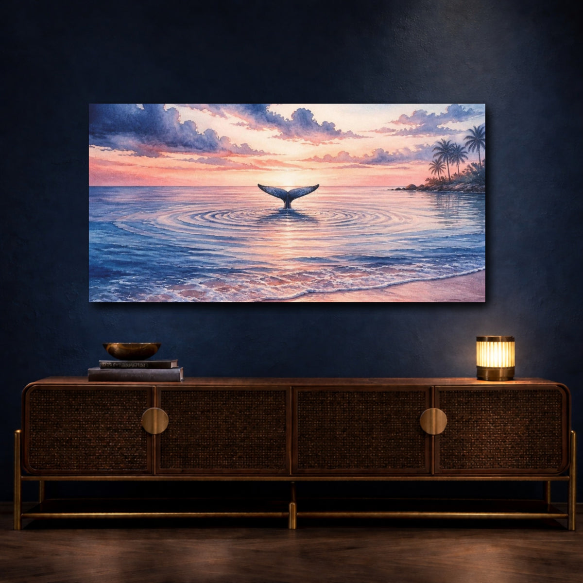 Mockup 4. Coastal Whale Tail Sunset shown as canvas print