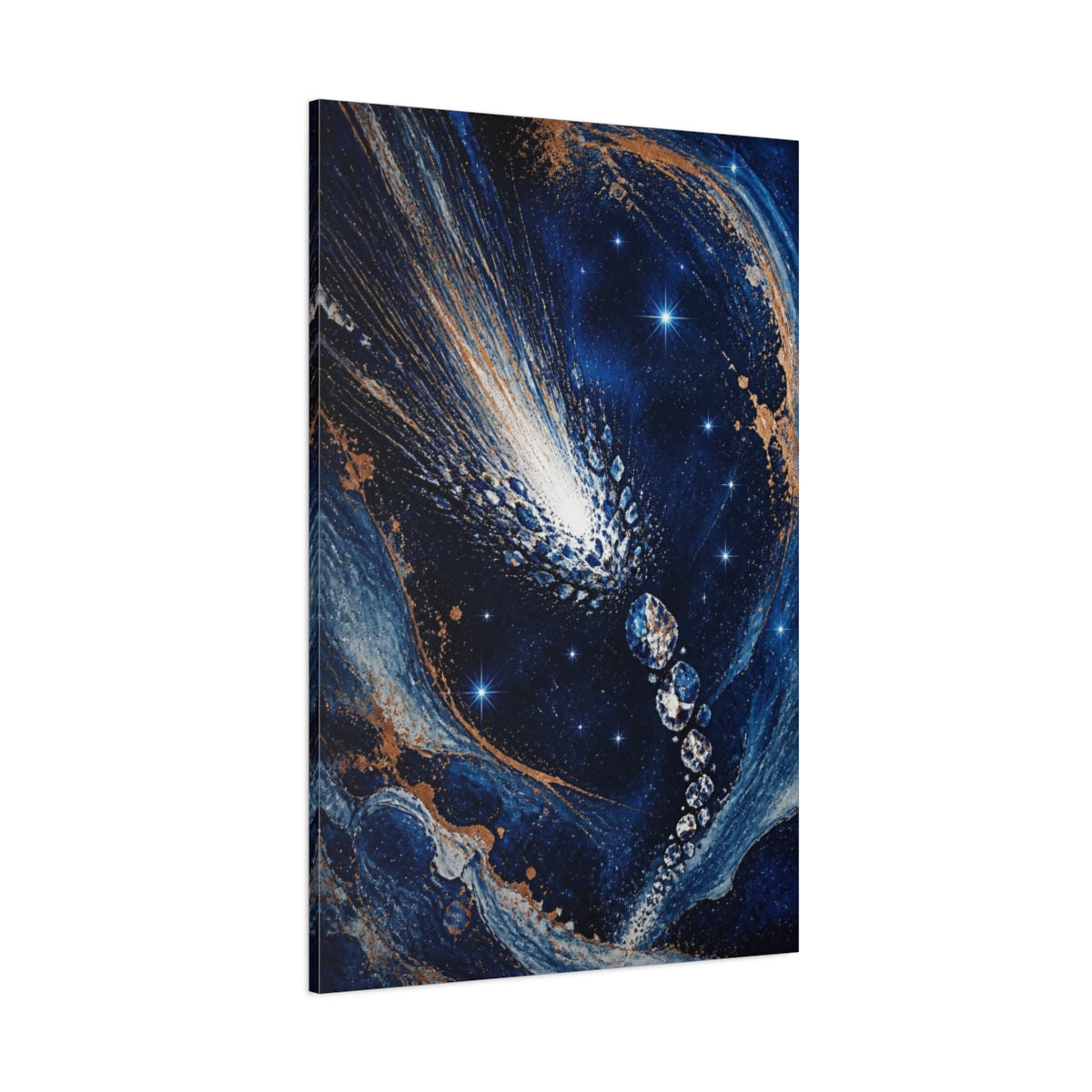 Side Mockup 1. Cobalt Comet Burst shown as canvas print