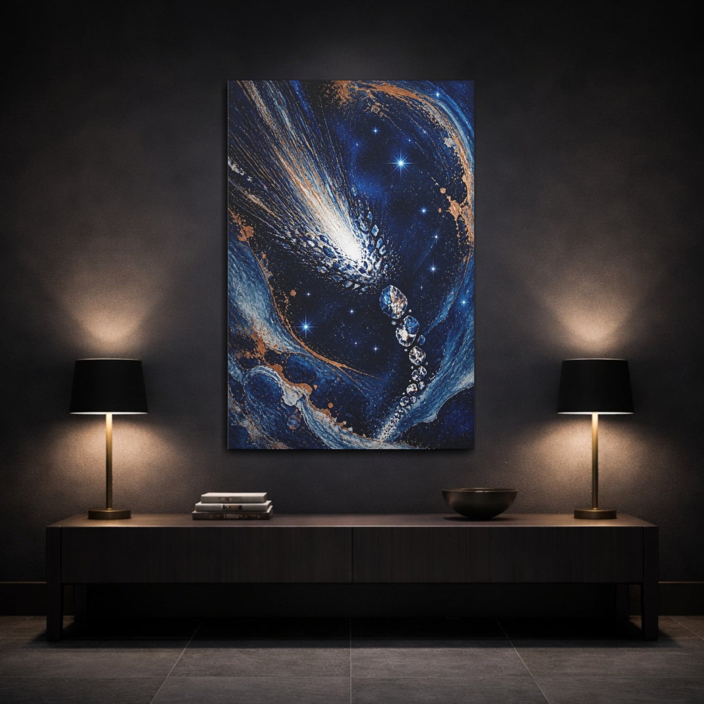 Mockup 3. Cobalt Comet Burst shown as canvas print