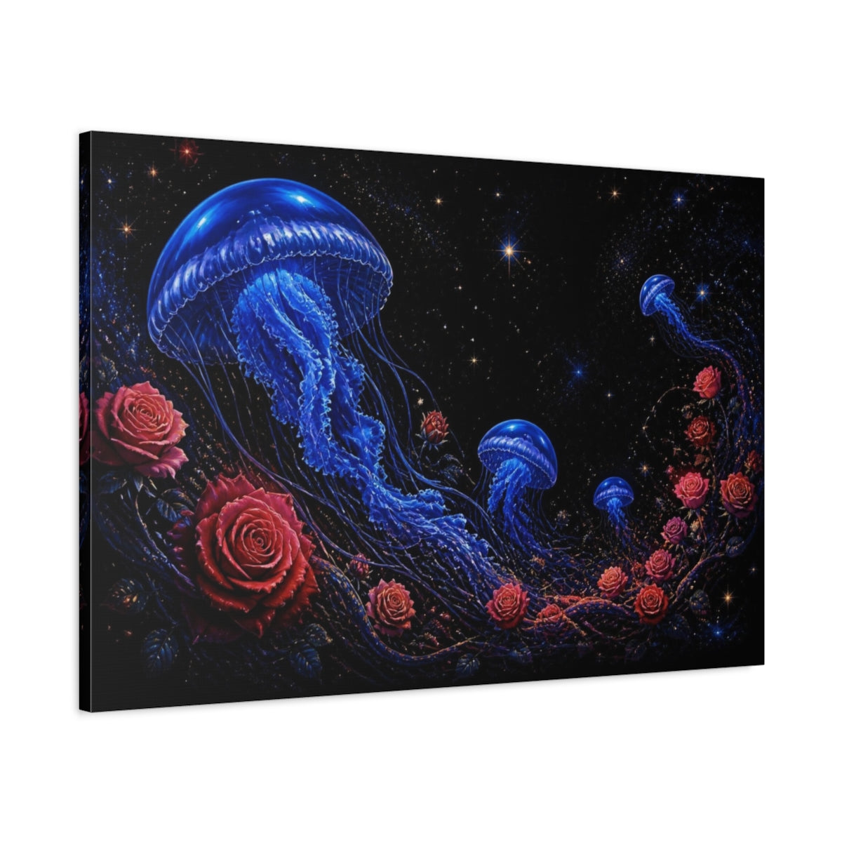 Main Mockup. Cobalt Jellyfish And Roses shown as canvas print