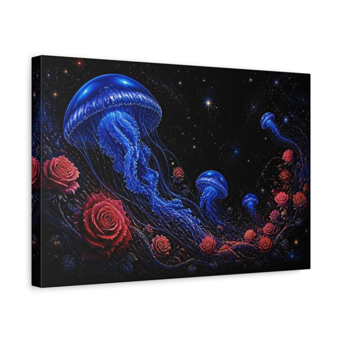 Side Mockup 4. Cobalt Jellyfish And Roses shown as canvas print