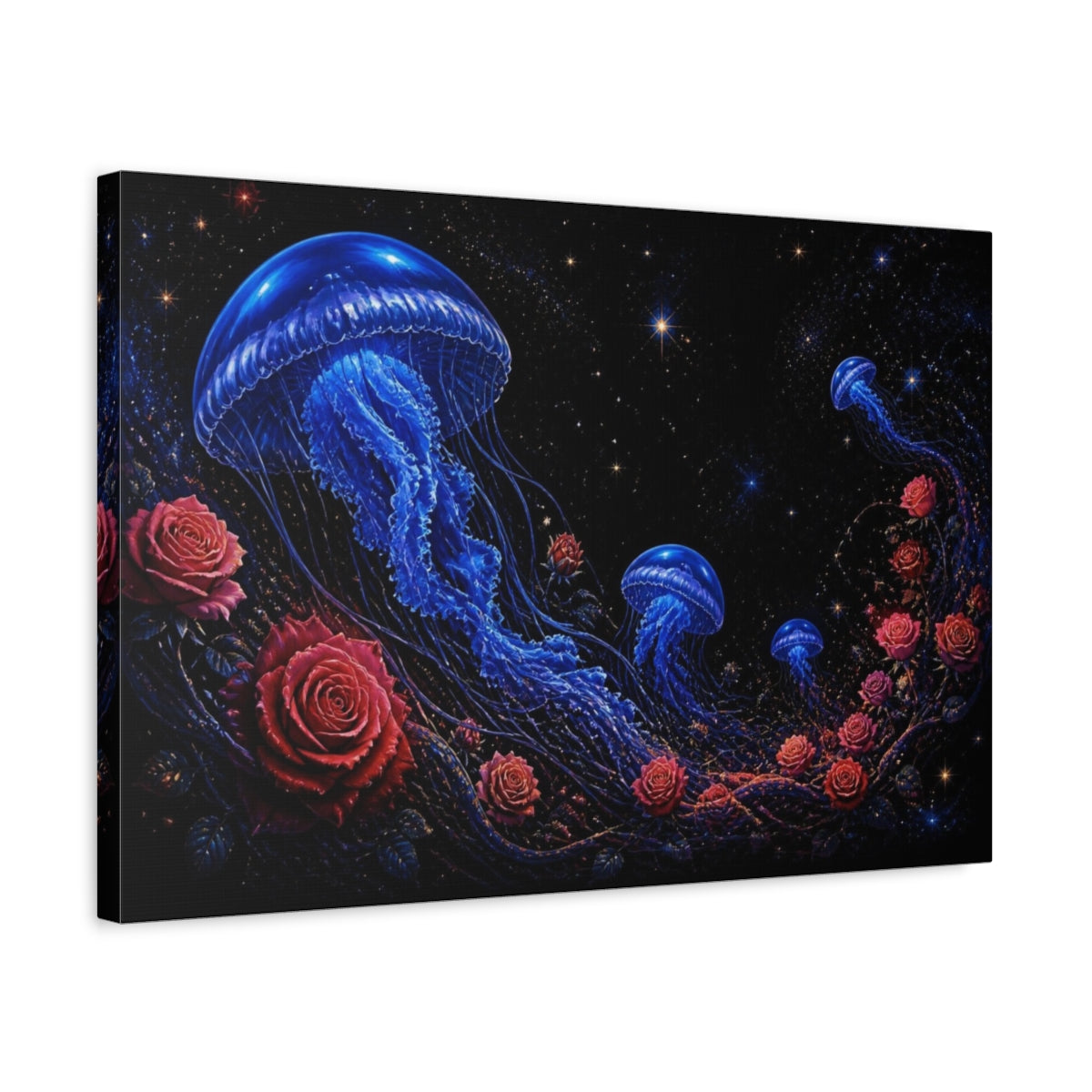 Side Mockup 3. Cobalt Jellyfish And Roses shown as canvas print