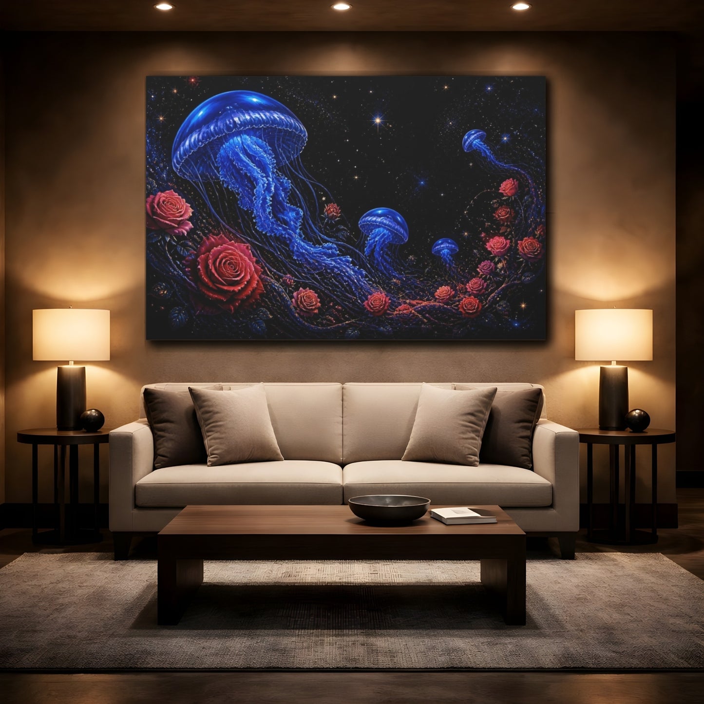 Mockup 2. Cobalt Jellyfish And Roses shown as canvas print