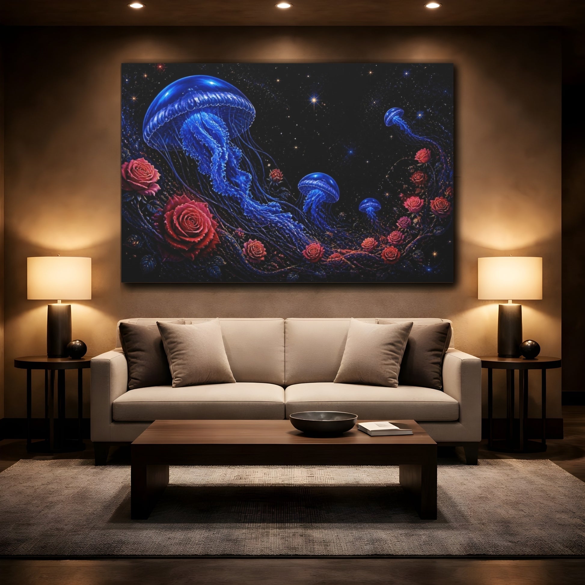 Mockup 2. Cobalt Jellyfish And Roses shown as canvas print