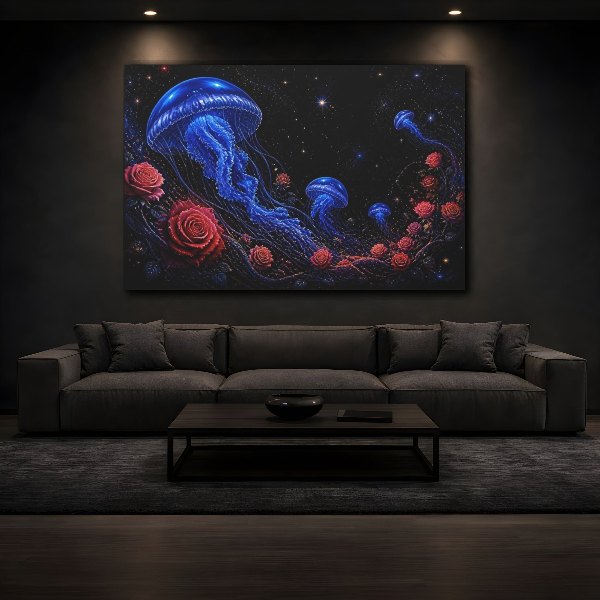 Mockup 3. Cobalt Jellyfish And Roses shown as canvas print