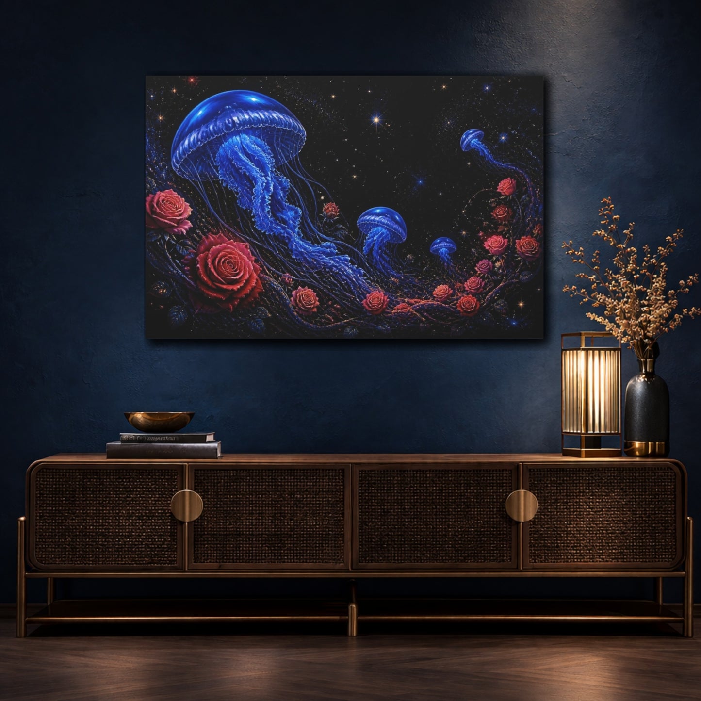 Mockup 4. Cobalt Jellyfish And Roses shown as canvas print
