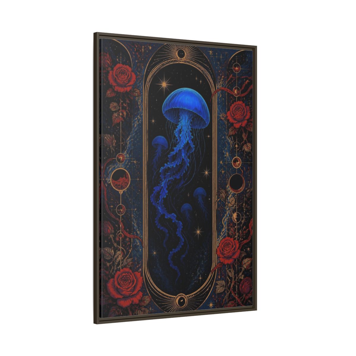 Side Mockup 8. Cobalt Jellyfish Portal shown as framed canvas print