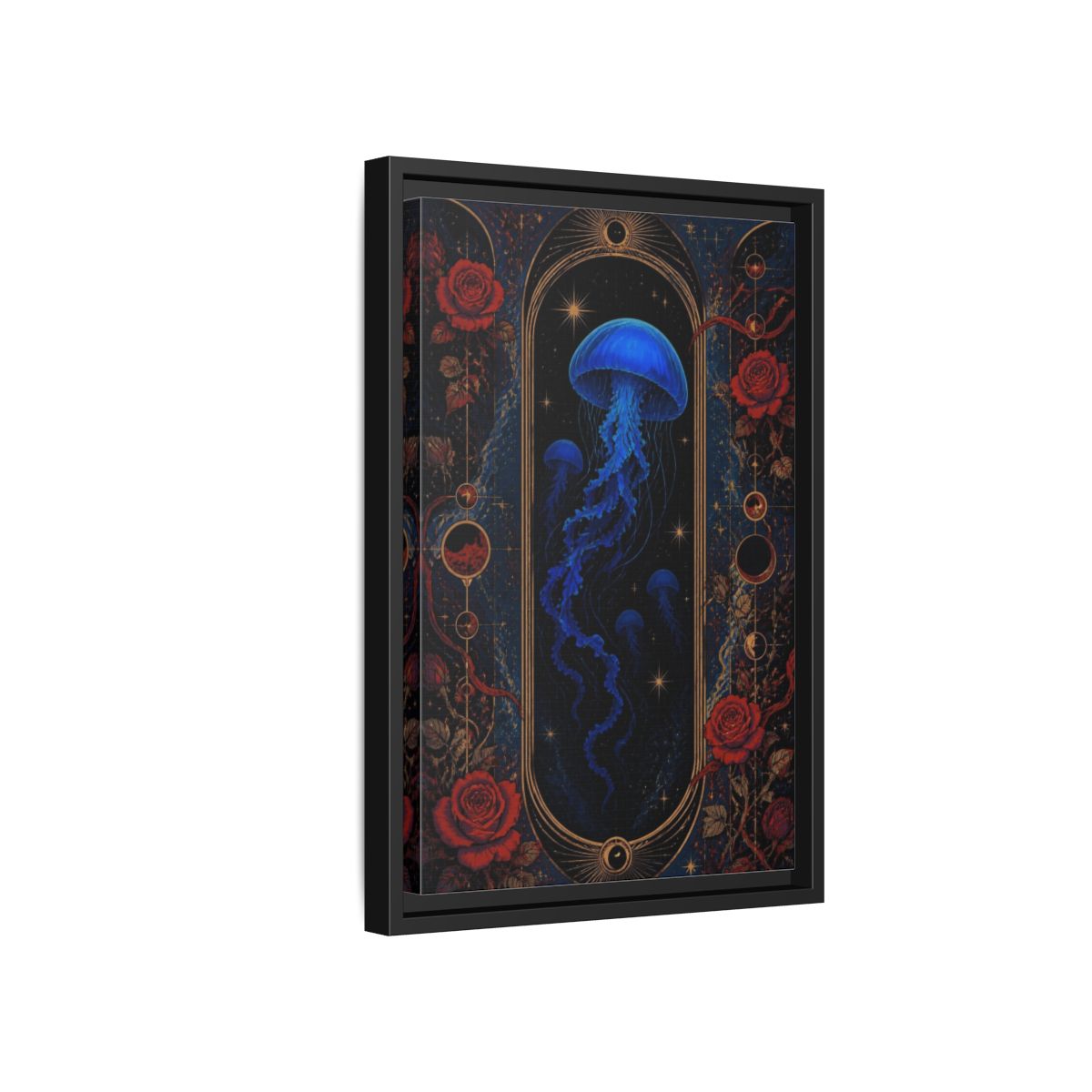 Side Mockup 6. Cobalt Jellyfish Portal shown as framed canvas print
