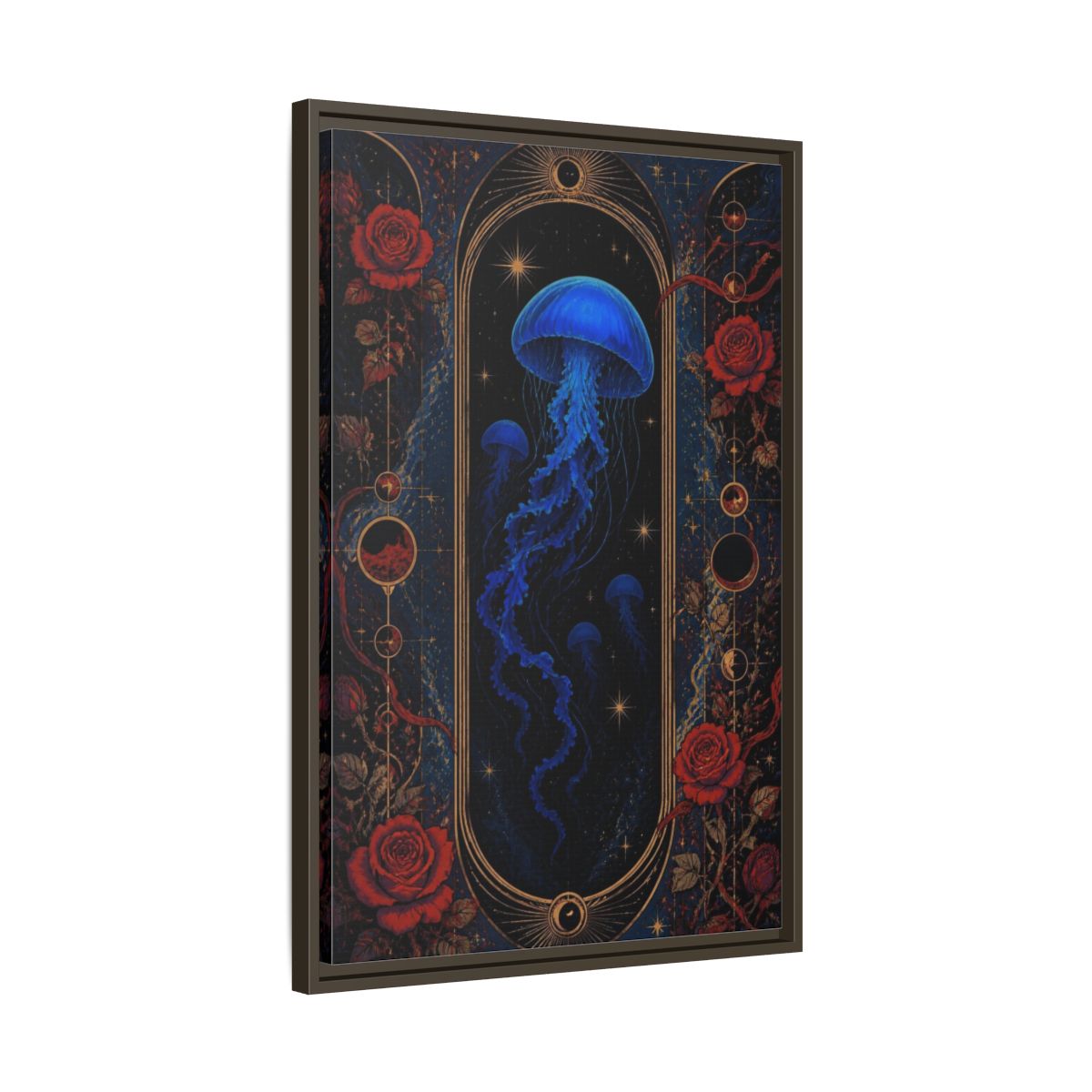 Side Mockup 11. Cobalt Jellyfish Portal shown as framed canvas print