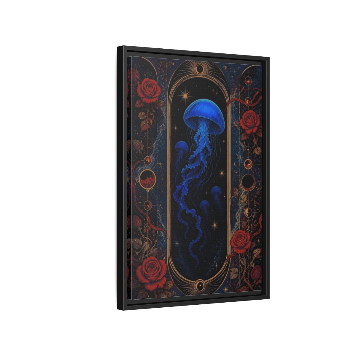 Side Mockup 3. Cobalt Jellyfish Portal shown as framed canvas print