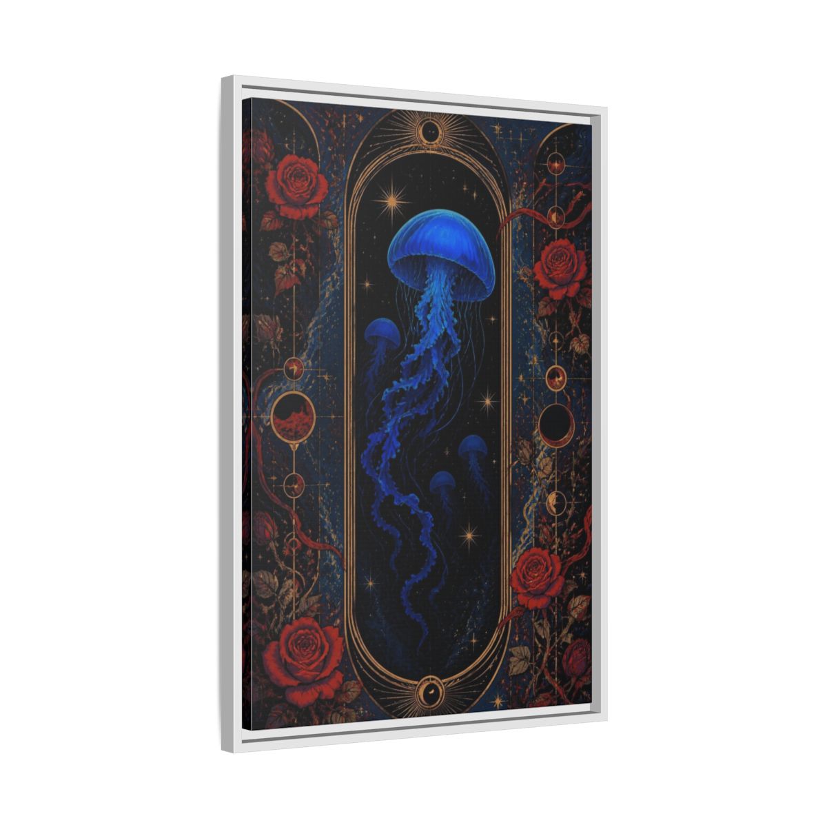 Side Mockup 10. Cobalt Jellyfish Portal shown as framed canvas print