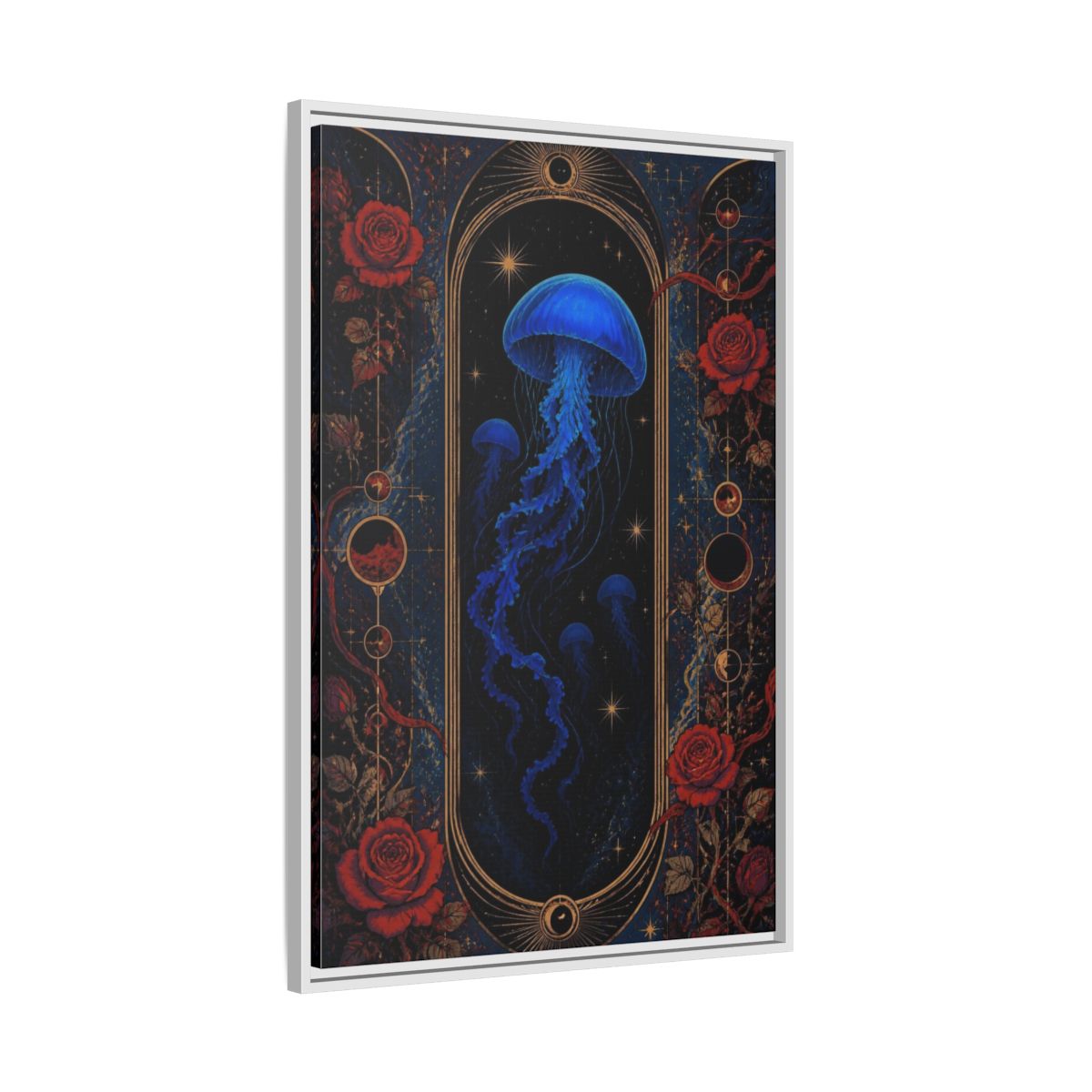 Side Mockup 9. Cobalt Jellyfish Portal shown as framed canvas print