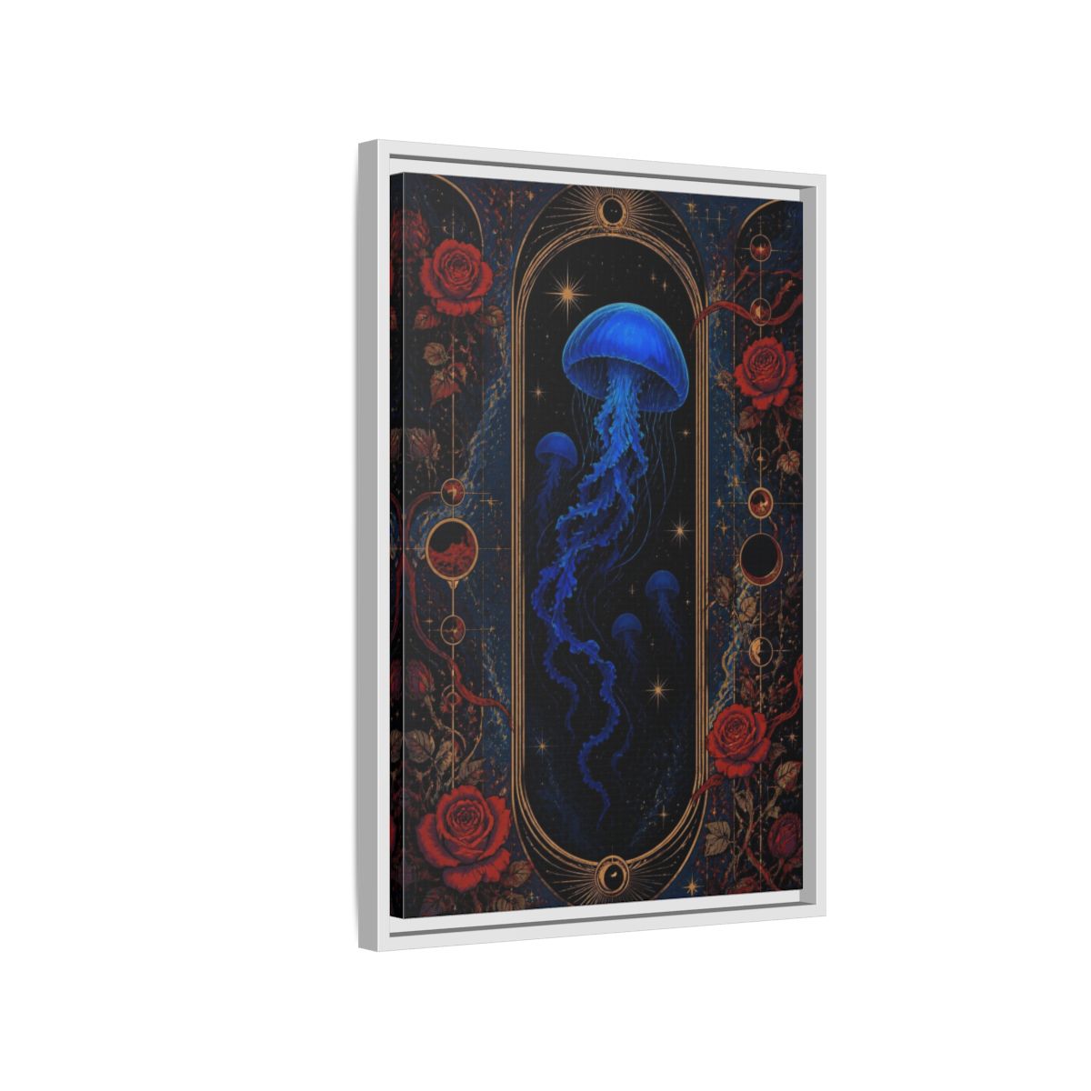 Side Mockup 1. Cobalt Jellyfish Portal shown as framed canvas print