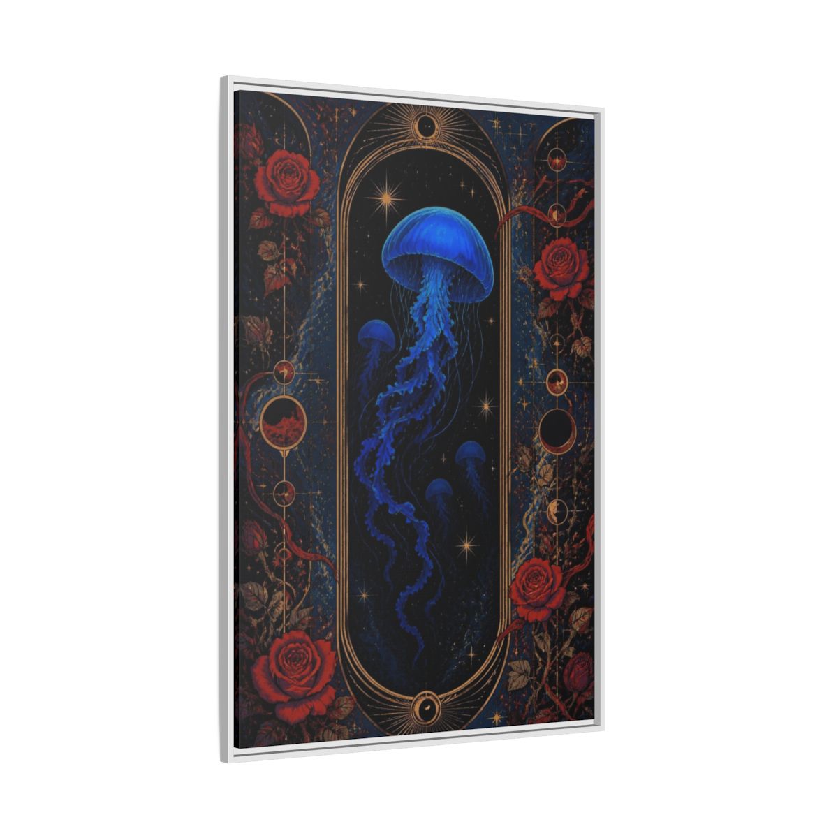 Side Mockup 7. Cobalt Jellyfish Portal shown as framed canvas print