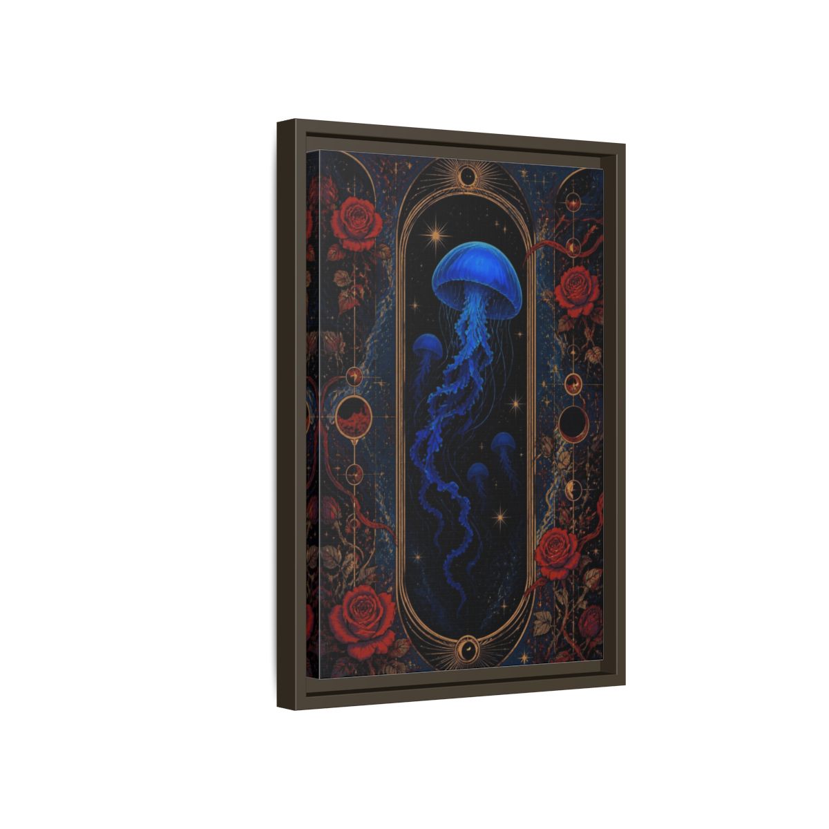 Side Mockup 5. Cobalt Jellyfish Portal shown as framed canvas print