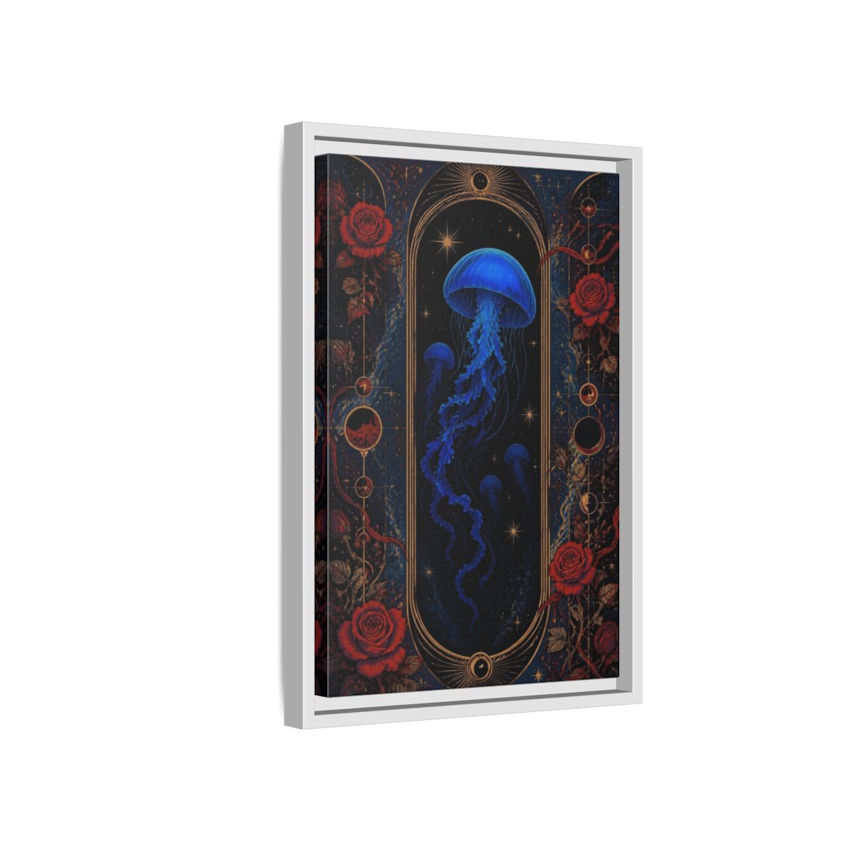 Side Mockup 4. Cobalt Jellyfish Portal shown as framed canvas print