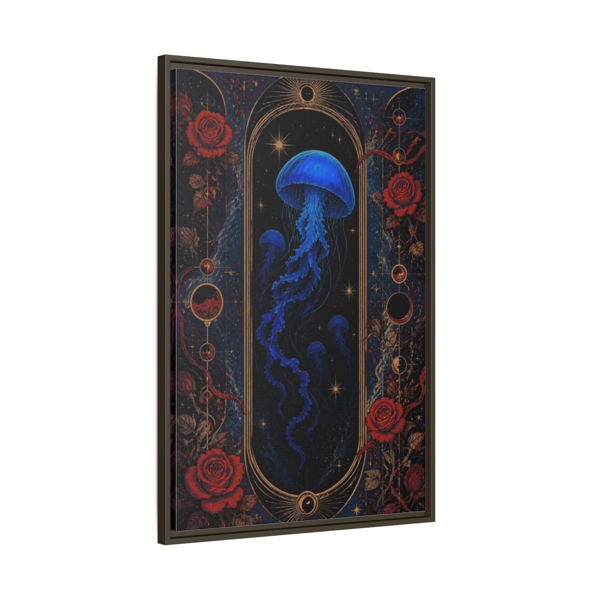 Main Mockup. Cobalt Jellyfish Portal shown as framed canvas print