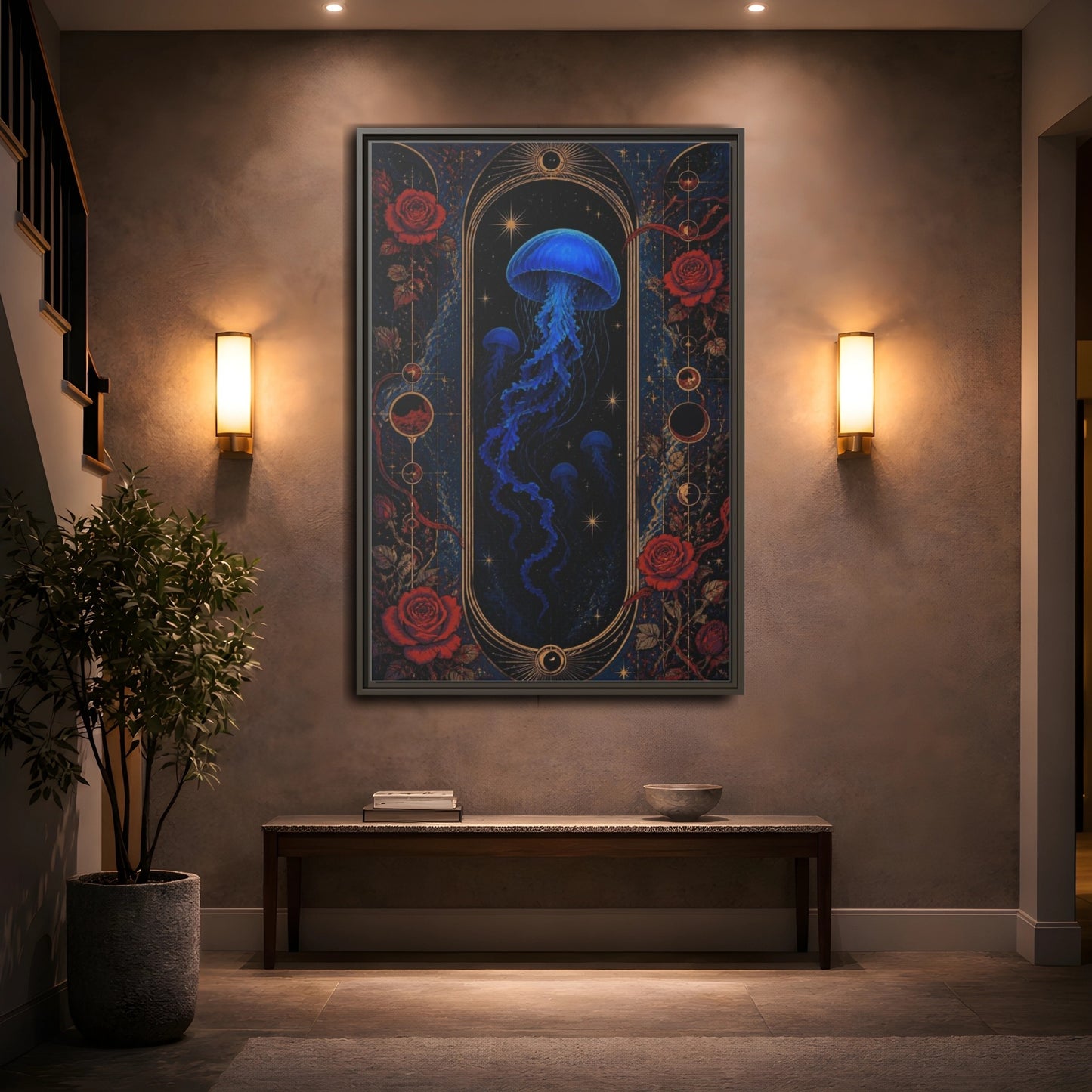 Mockup 2. Cobalt Jellyfish Portal shown as framed canvas print