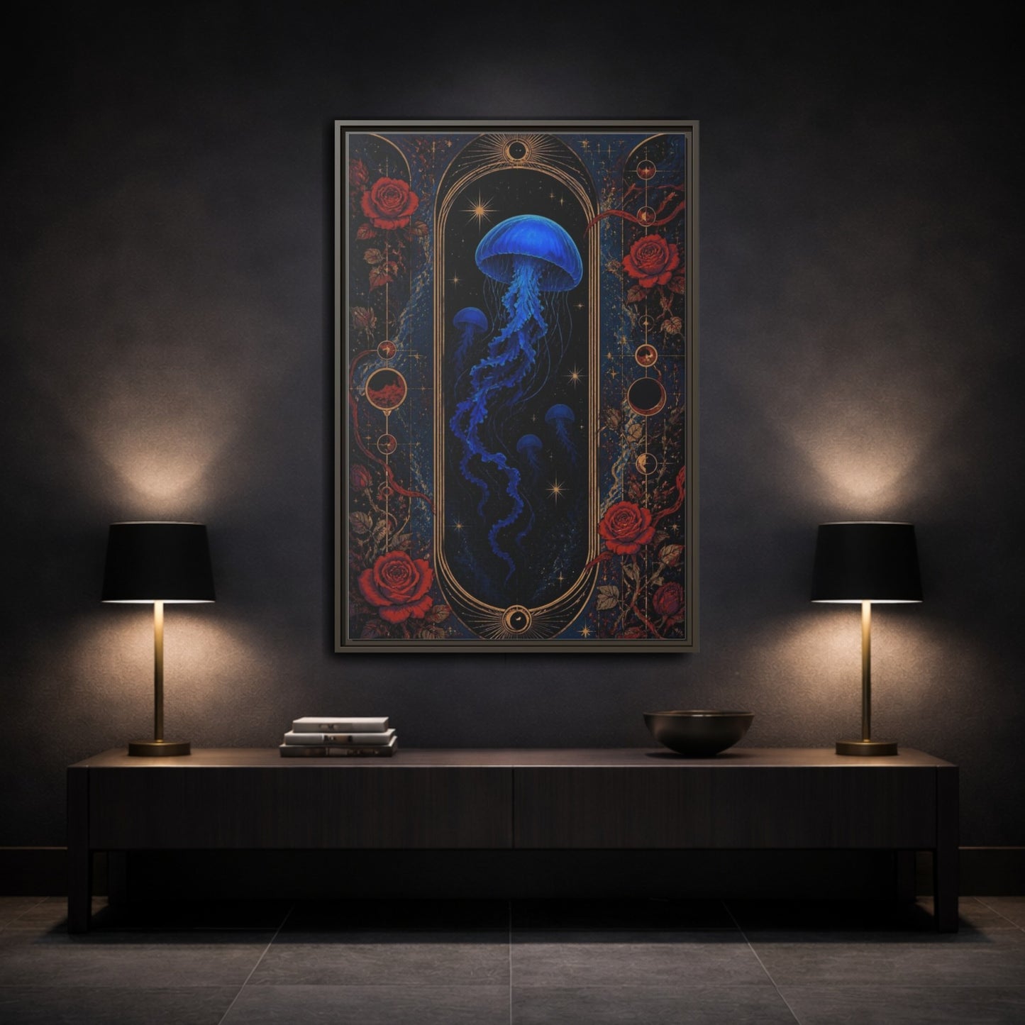 Mockup 3. Cobalt Jellyfish Portal shown as framed canvas print