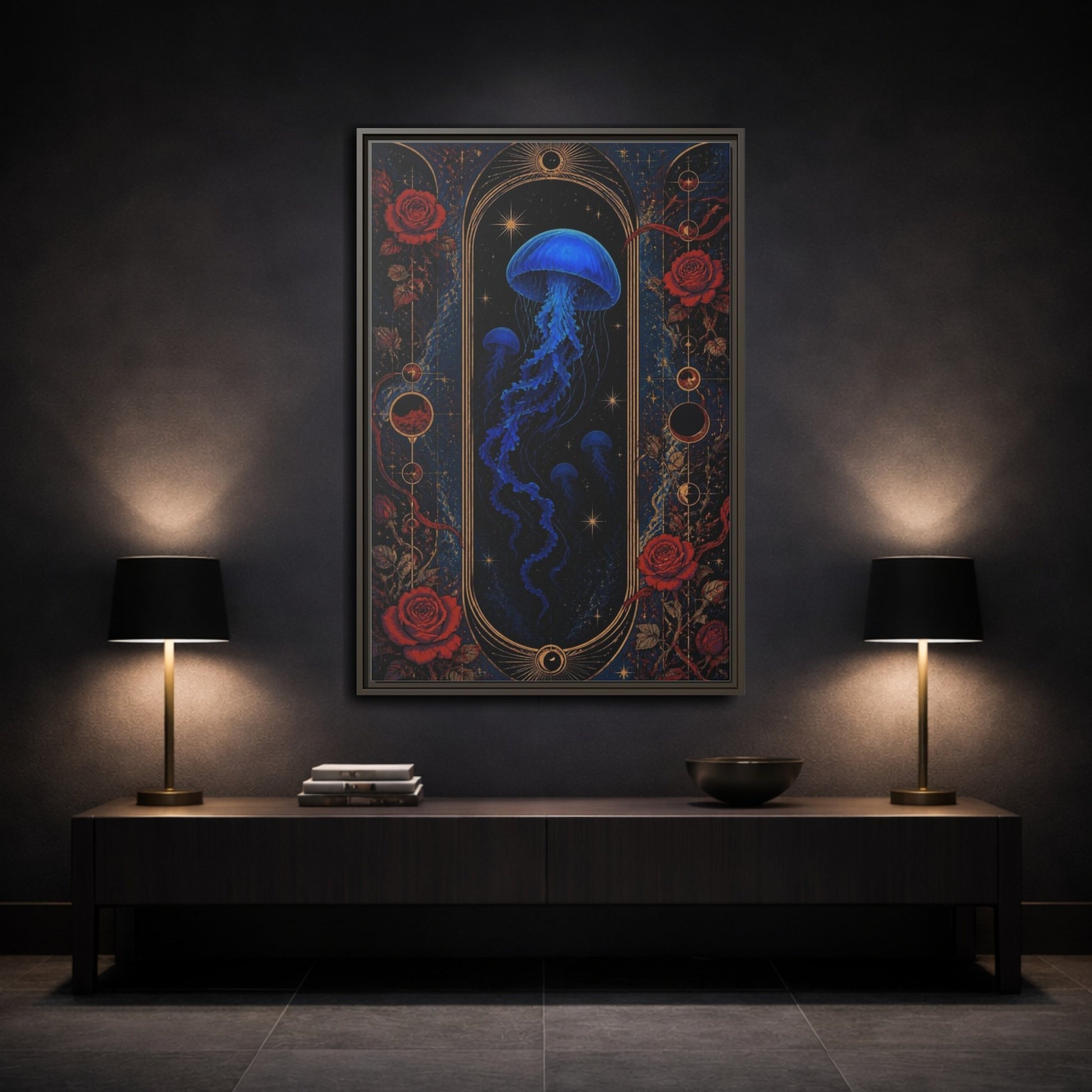 Mockup 3. Cobalt Jellyfish Portal shown as framed canvas print