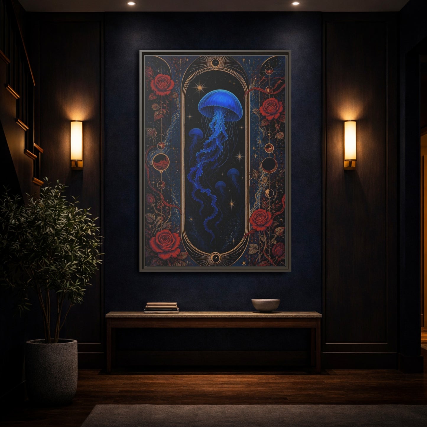 Mockup 4. Cobalt Jellyfish Portal shown as framed canvas print