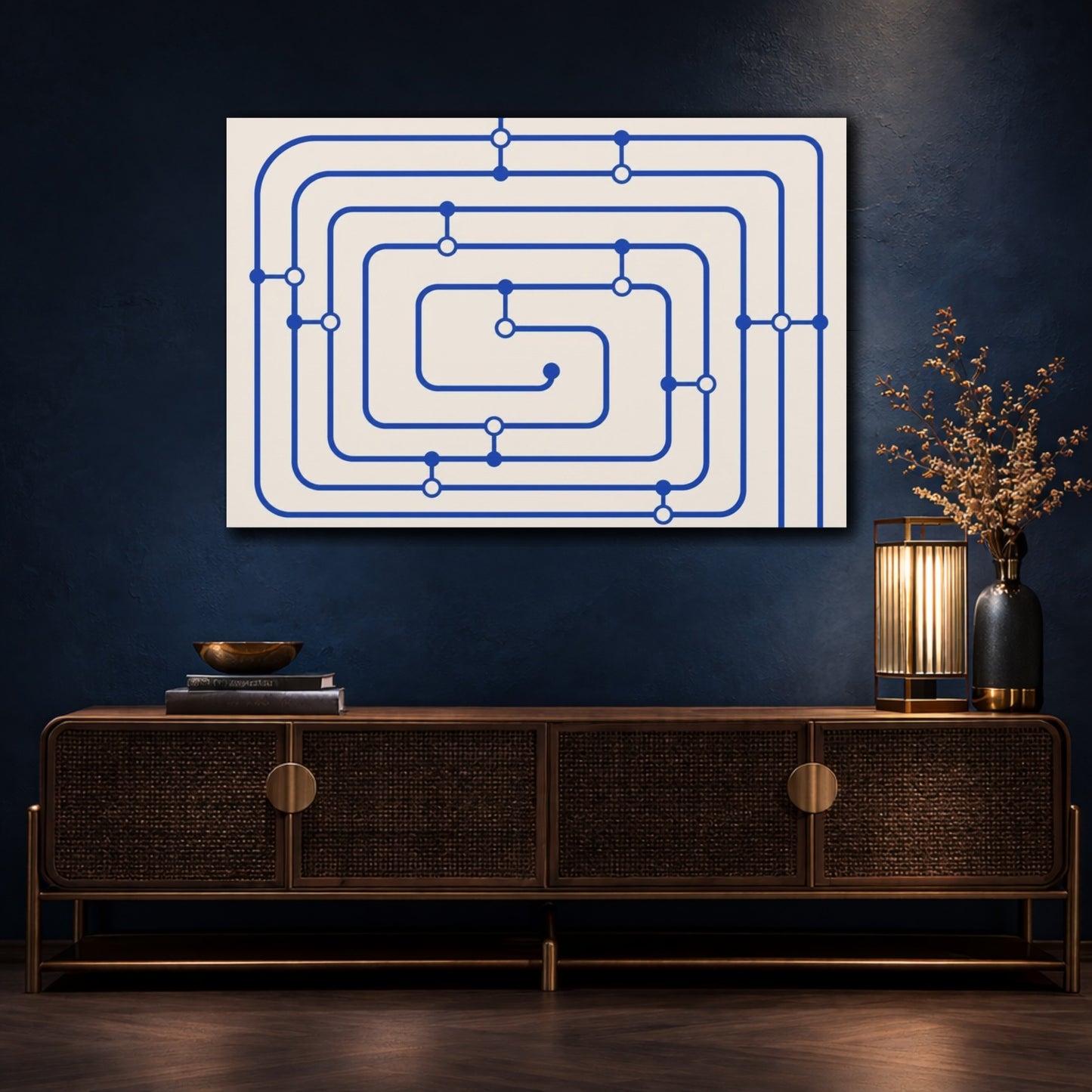 Mockup 4. Cobalt Transit Map shown as canvas print