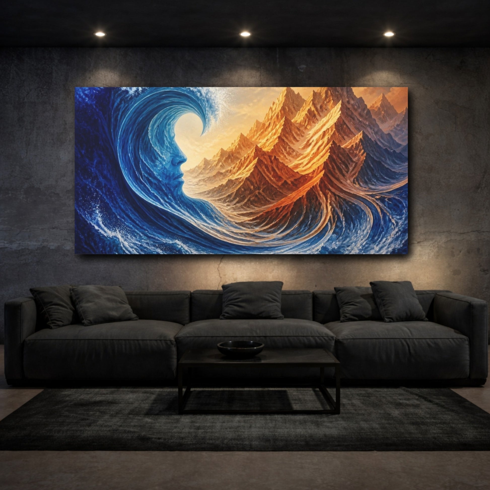 Mockup 3. Cobalt Wave Illusion shown as canvas print