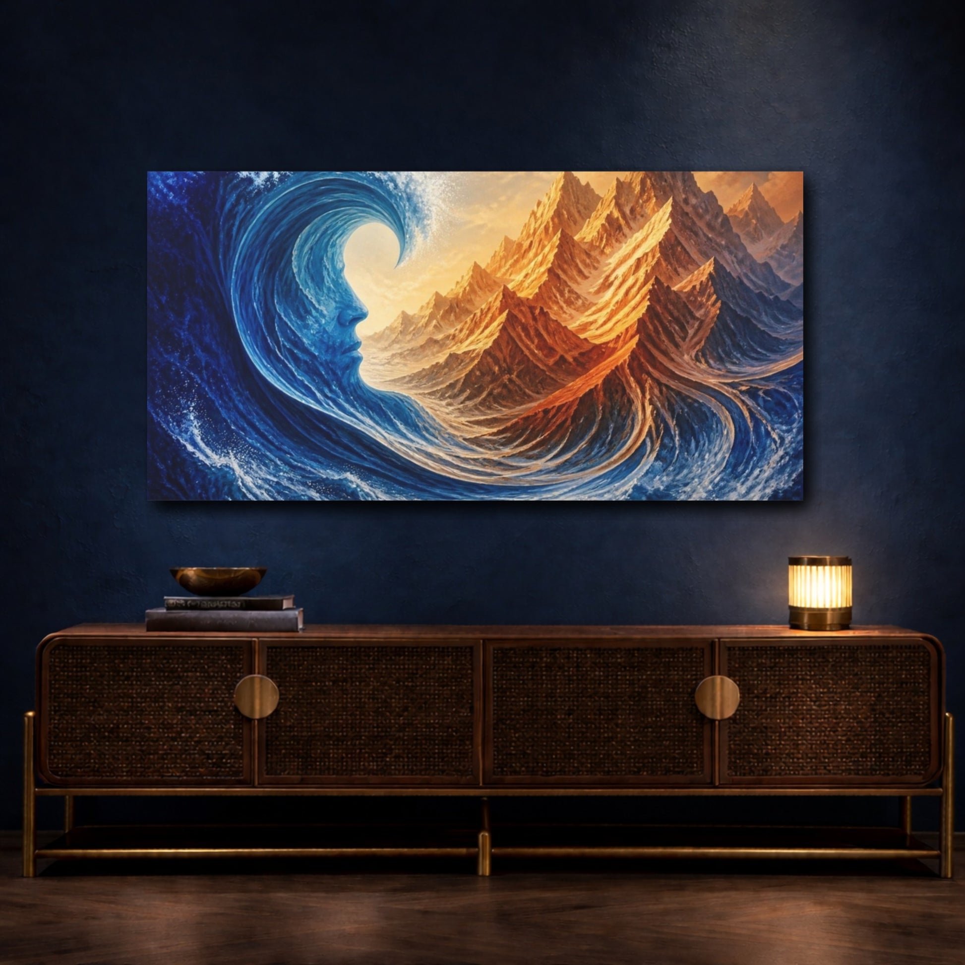 Mockup 4. Cobalt Wave Illusion shown as canvas print