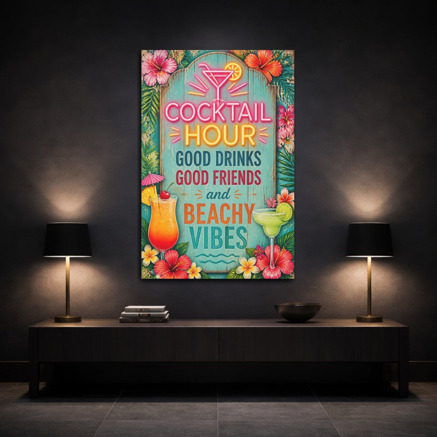Mockup 3. Cocktail Hour Beach Vibes shown as canvas print