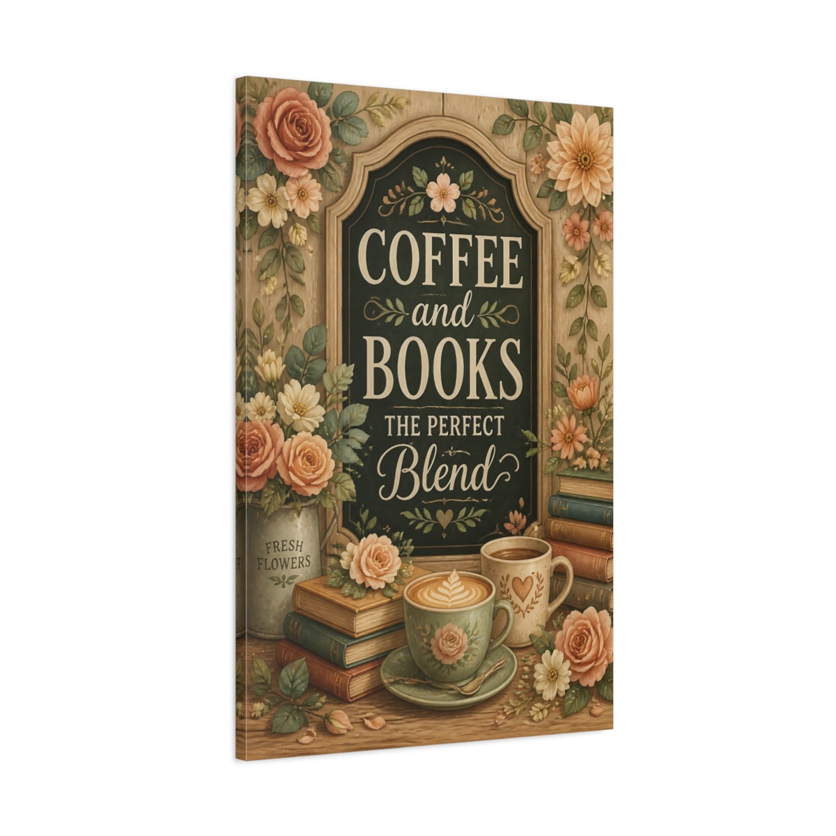 Main Mockup. Coffee And Books Quotes shown as canvas print