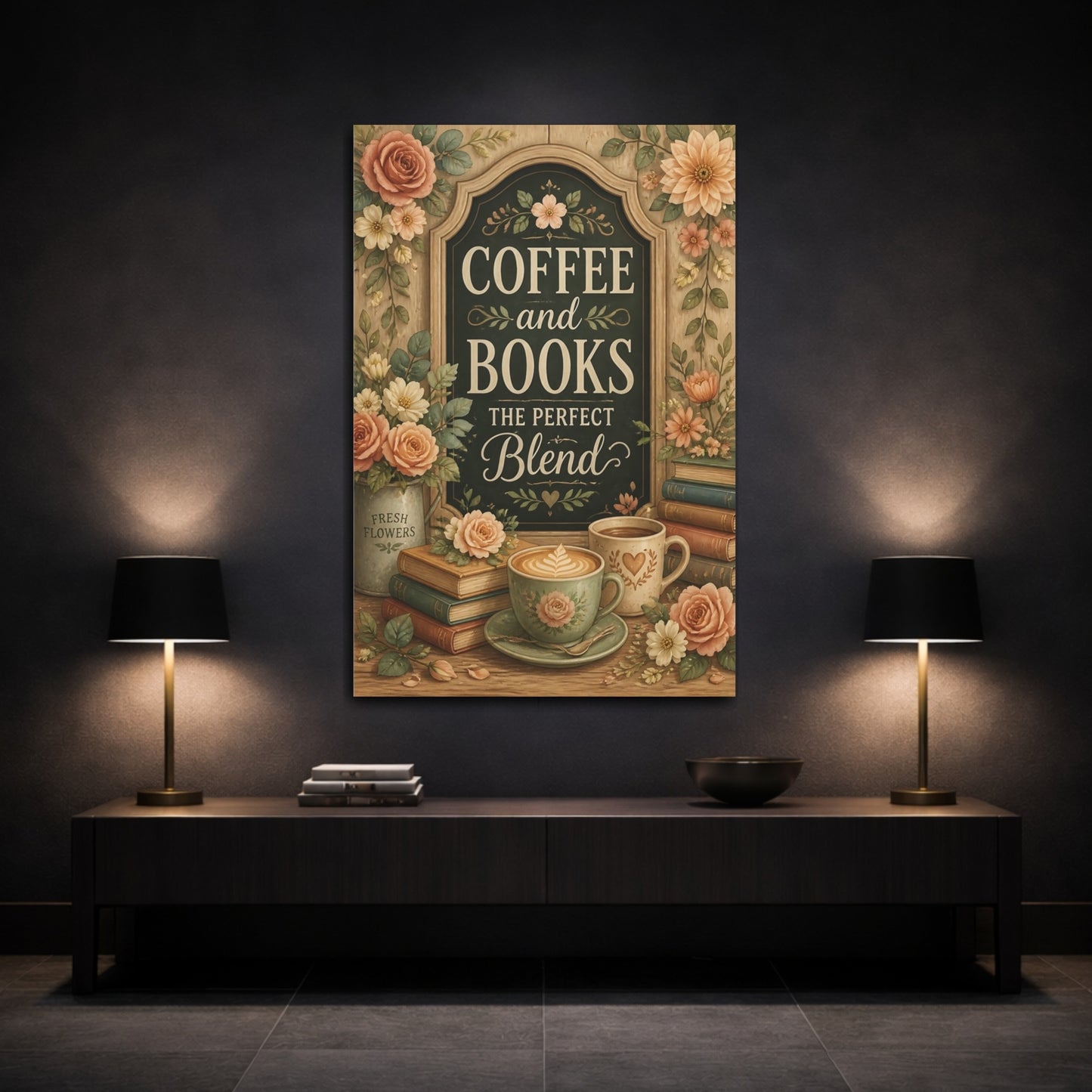 Mockup 3. Coffee And Books Quotes shown as canvas print