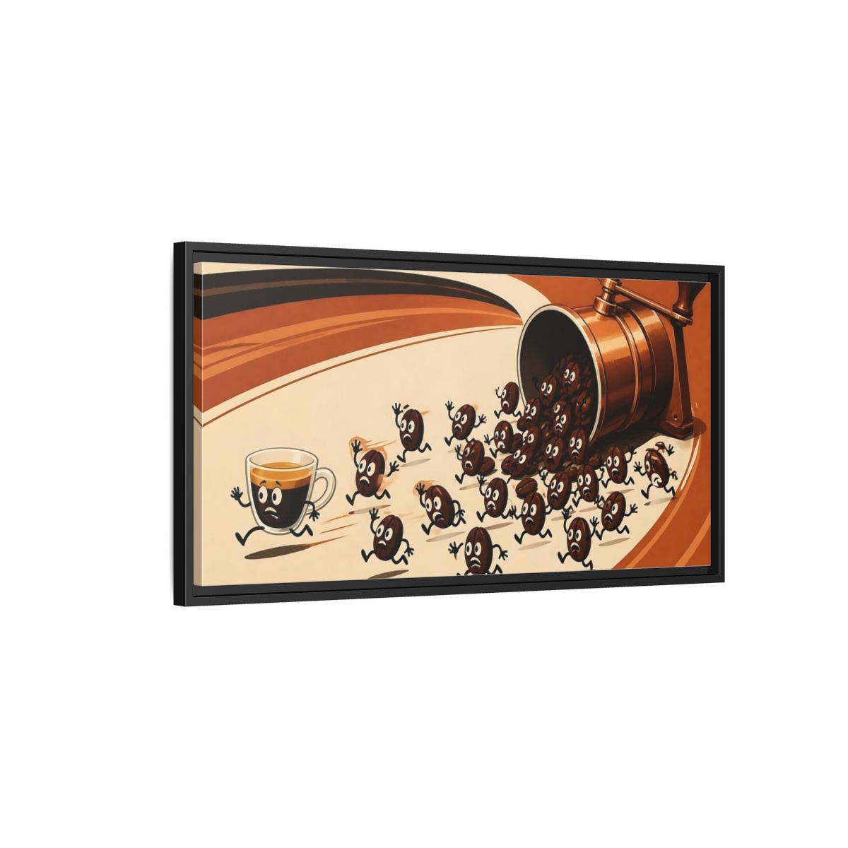Side Mockup 2. Coffee Beans On The Run shown as framed canvas print