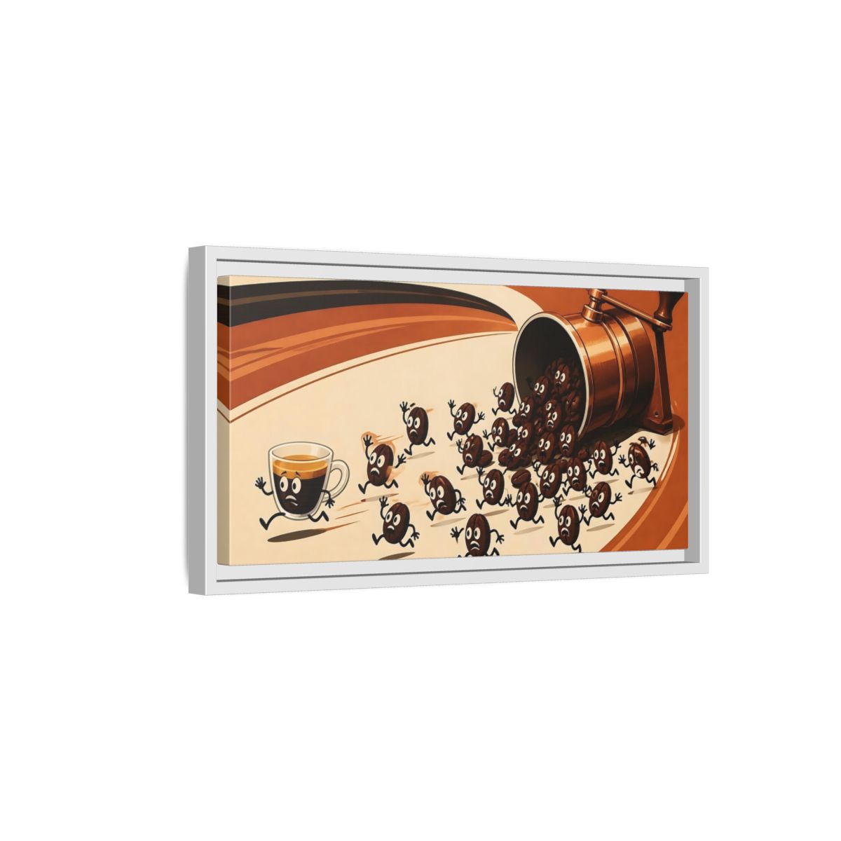 Side Mockup 6. Coffee Beans On The Run shown as framed canvas print