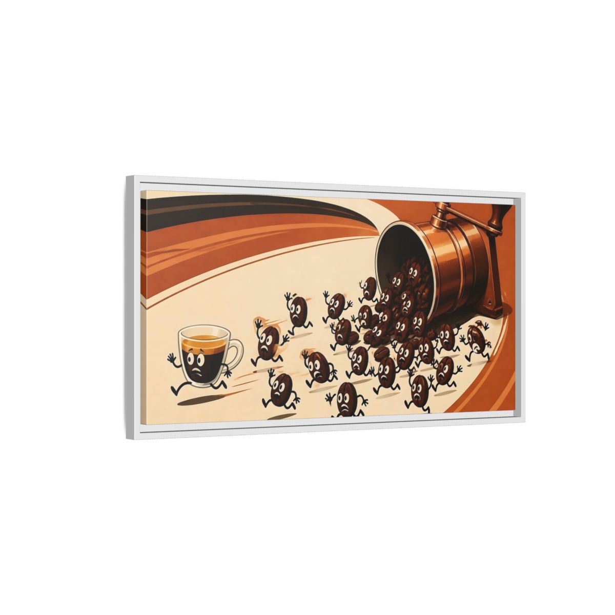 Side Mockup 1. Coffee Beans On The Run shown as framed canvas print
